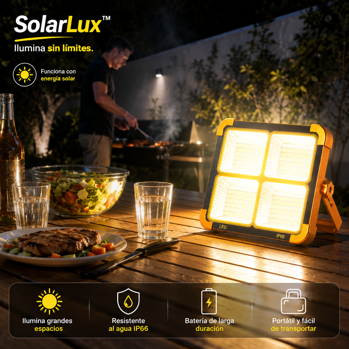 SolarLux ⚡ Reflector solar portátil para apagones, carro, camping, fincas y emergencias.