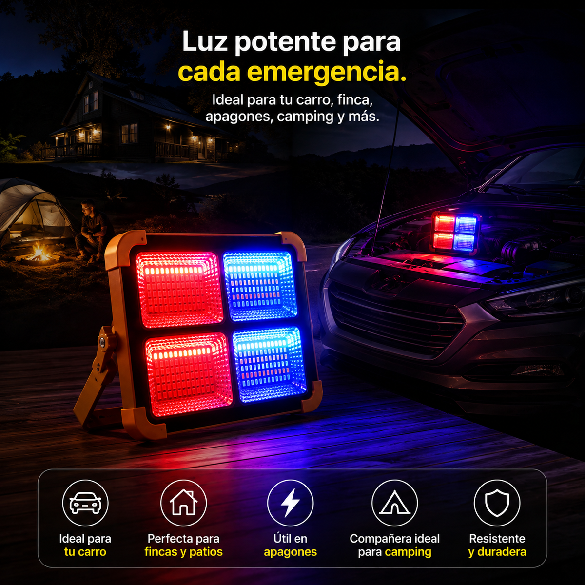 SolarLux ⚡ Reflector solar portátil para apagones, carro, camping, fincas y emergencias.