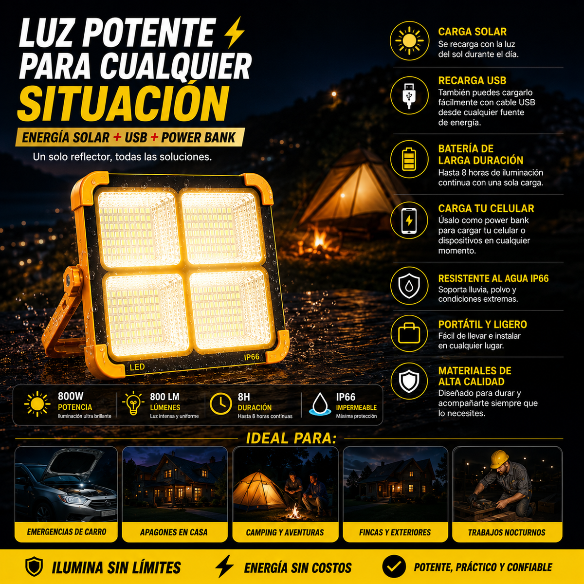 SolarLux ⚡ Reflector solar portátil para apagones, carro, camping, fincas y emergencias.