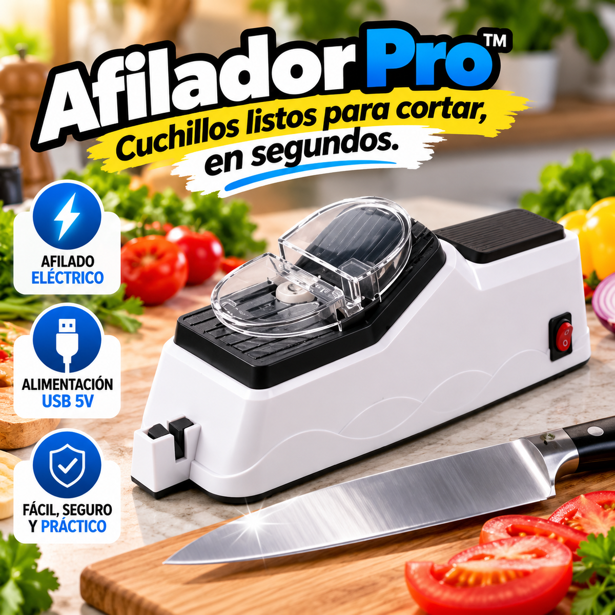 Afilador Pro™ “Cuchillos listos para cortar, en segundos.”