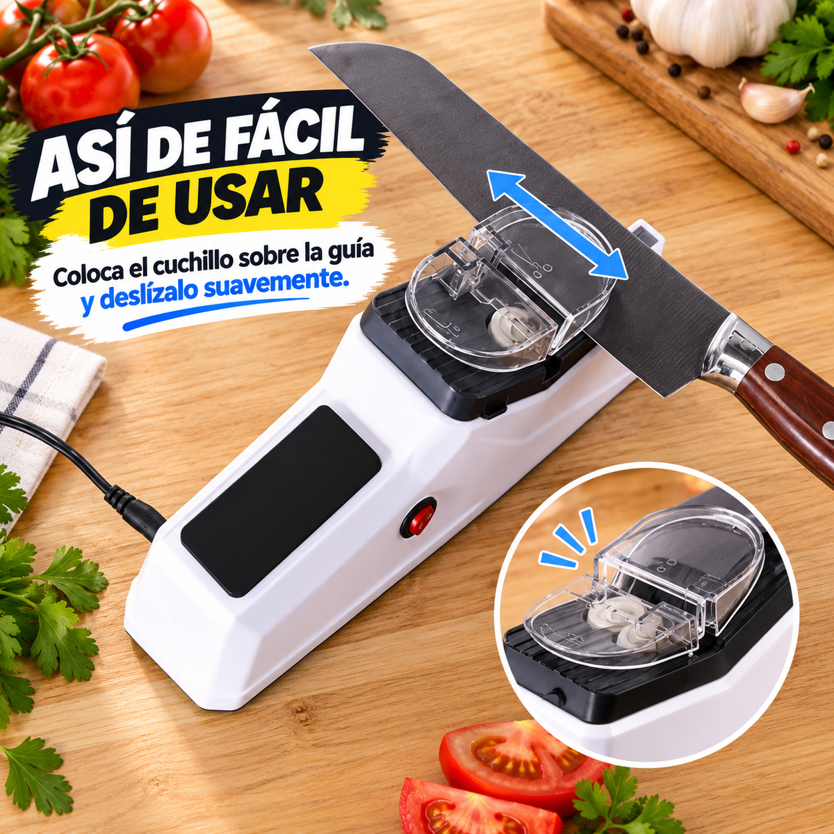 Afilador Pro™ “Cuchillos listos para cortar, en segundos.”