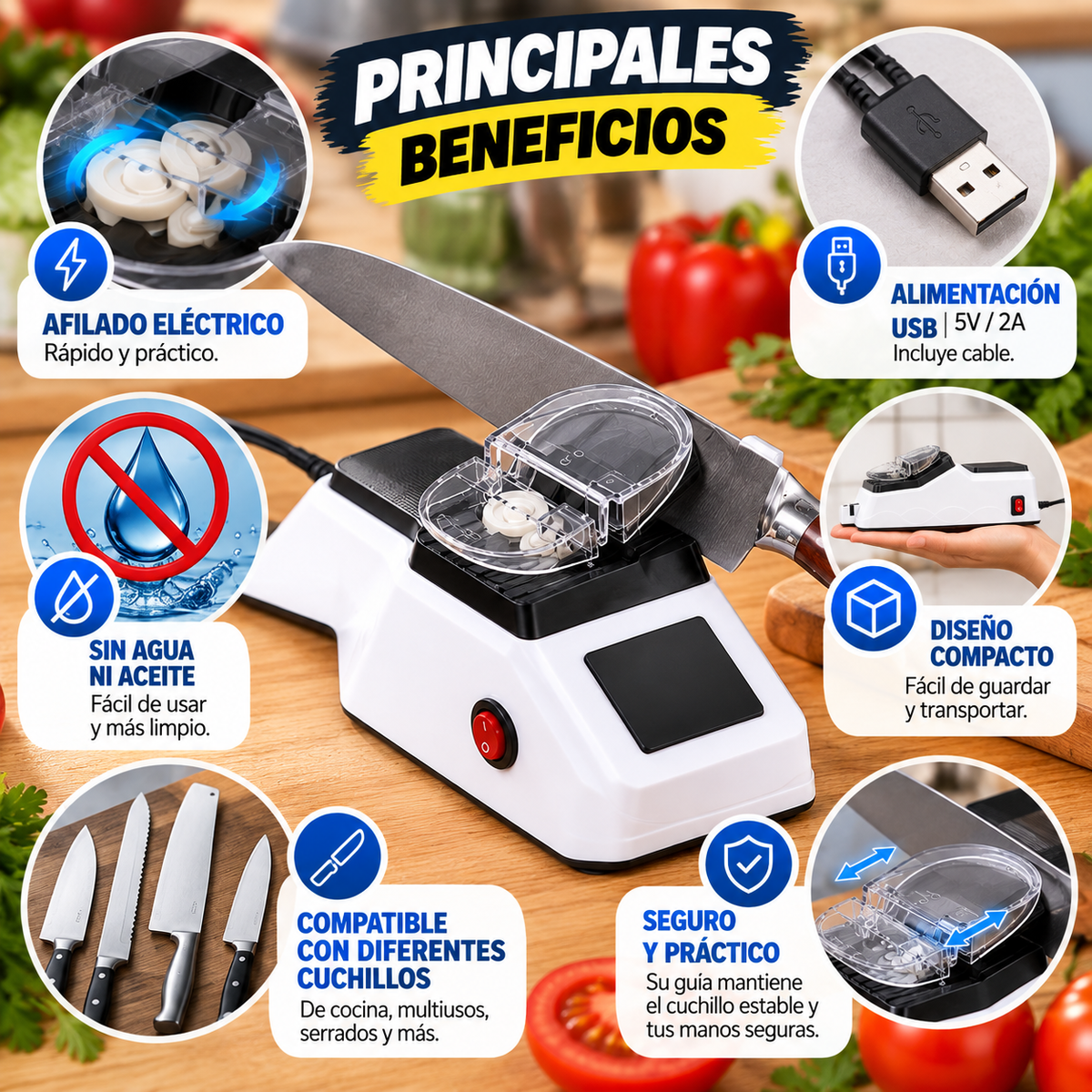 Afilador Pro™ “Cuchillos listos para cortar, en segundos.”