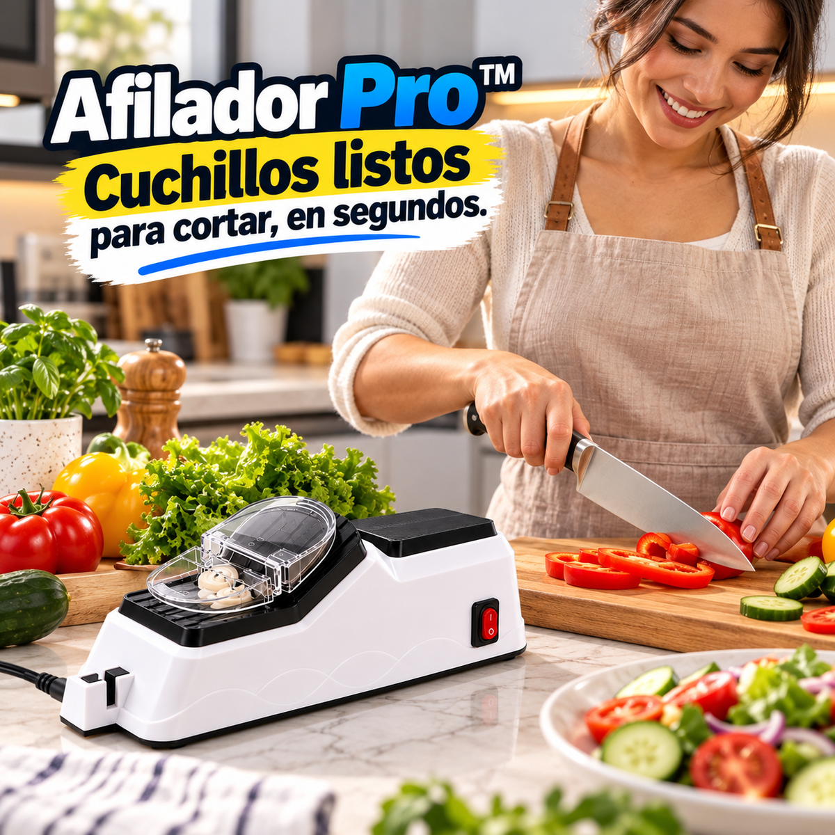 Afilador Pro™ “Cuchillos listos para cortar, en segundos.”
